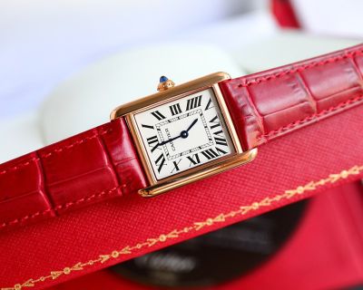 TW Factory Cartier Tank Must 33.7*25.5/29.5*22MM 316L Steel 751 Movement Calfskin Black/Red Strap Rose Gold Bezel Watch